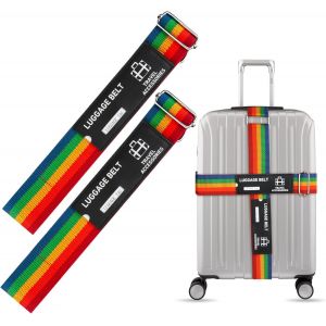 TIANYI-Sangle Valise Voyage 2 Pièces ¿ Ceinture Voyage Longue 1,8 m & 2,2 m Ajustable pour Grande Valise de Voyage 20-32¿, Boucle Métal, Sangles à Bagage Nylon, Sangle Sac, Irisé - Neuf