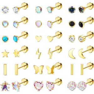 18 Paires Petite Boucles D'oreilles Femme Acier Inoxydable Hypoallergénique Boucle D'oreille Argent Multiples Géométriques Boule Opale Etoile Lune Coeur Perle Fleur Cz Piercing Ore[Bou9241575] - Neuf