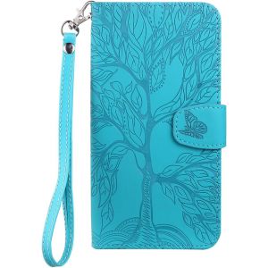 KAL-Coque Pour Redmi Note 12 4G, Arbre De Vie Papillon Motif Housse En Cuir Synth&eacute;tique Cover &Agrave; Rabat, Portefeuille &Eacute;tui De Protection Avec Fentes Pour Cartes, Bleu Vert - Neuf