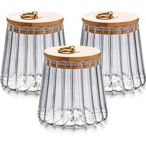 MEVRONISSHOP-3pcs Bocaux en Verre avec Couvercle, 700ml Pot en Verre avec Couvercle Bois, Bocaux de Conservation en Verre Herm&eacute;tique pour Biscuits, Bonbons, C&eacute;r&eacute;ales, Fruits Secs - Neuf