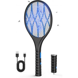 KALANKA-Raquette Electrique Insectes, 4000V Raquette Anti Moustique Electrique, Recharge USB, Lumière LED, Lampe Torche Détachable, Protection à 3 Couches, Double Interrupteur, Maison, Jardin, Noir - Neuf