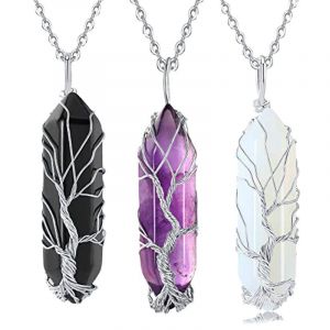 (C) 3pcs Collier Pendentif Arbre De Vie En Cristal De Quartz Clair Fil D'argent Enroul&eacute; Pierre Pr&eacute;cieuse Point De Gu&eacute;rison Chakra Collier En Quartz Pour Femmes Hommes - Neuf