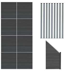 Kit Cl&ocirc;ture Panneaux En Bois Composite Gris 8 Quadratique Et 1 Inclin&eacute; 185 H X 14,8 M L & 9 Poteaux En Aluminium &Agrave; Led Solaires Lames &Agrave; Embo&icirc;ter Texture Bois Reversible Pvc Brise-Vue Ext&eacute;rieur Jardin - Neuf