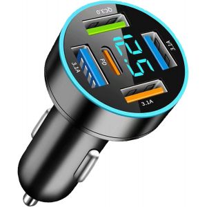 5 Ports Chargeur Allume Cigare USB C Rapide,66W Chargeur Voiture PD30W+QC3.0+3.1A,Prise Allume Cigare 12v avec Voltm&egrave;tre LED pour iPhone 15 14 13 Pro Max Samsung Tablette Android,etc. - Neuf