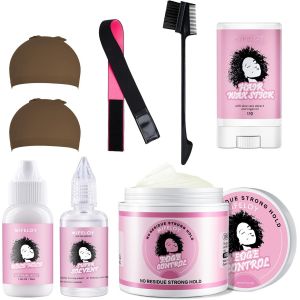 Lot De 8 Perruques Pour Femme - Colle Invisible De Rechange - B&acirc;ton De Cire Pour Cheveux - Gel De Contr&ocirc;le &Eacute;lastique - Bande De Fusion - Bonnets De Perruque - Pinceau De Contr&ocirc;le Des Bords - Neuf