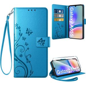 ELVORIX-Coque pour Samsung Galaxy A05S + 1 Verre Tremp&eacute;, Retro Design Housse Premium en Cuir PU Pochette de Portefeuille pour Porte Cartes Fonction Stand Flip Etui pour Samsung A05S, Bleu - Neuf