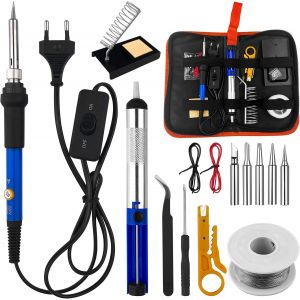 LETNERNY-Fer À Souder Kit, 60W Kit De Soudure Electrique Avec Interrupteur On/Off, 5 Conseils De Soudage,Temperature Réglable De 200 450¿, Pour Les Électrotechniques, Les Bricoleurs Professionnels - Neuf