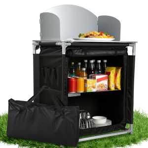 Cuisine De Camping Pliante Avec 2 Tiroirs, Table D'ext&eacute;rieur Avec Plan De Travail En Aluminium Et Rebord Anti-Chute 80x76x56cm, Noir - Neuf