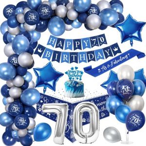 AYUHR-10 Ans Décoration Anniversaire Garçons Chrome Bleu Argent,Royal Bleu Ballons Arch Kit avec Joyeux Anniversaire Bannière Cake Topper Nappe Birthday Sash Grand Ballon Numéro 10 - Neuf