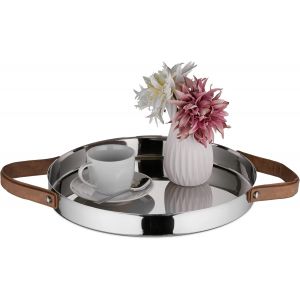 Checarzhn--No1-Plateau De Service Rond & Décoratif, Bord Surélevé Et Anses, Acier Inoxydable, Diamètre 35 Cm, Argenté - Neuf
