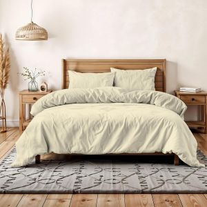 Housse De Couette Double Effet Water Washed, Parure De Couette : Housse 250x200cm Avec Rabat Et Paire De Taies D'oreiller &iquest; Cr&egrave;me - Neuf