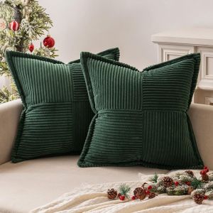 CAUC-Housses de Coussin en Velours Côtelé Lot de 2 Housses de Coussin Patchwork Carrées Décoratives Taie d'oreiller Souple pour Décoration Intérieure Canapé Chambre à Coucher Vert foncé 45x45 cm - Neuf