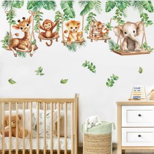 SJZG-Stickers Muraux Animaux De La Jungle Tropicales Vigne Autocollants Muraux Mural Stickers Safari Éléphant Singe Lion Pour Chambre Enfants Bébé Pépinière Salon - Neuf