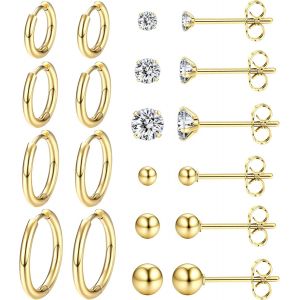 Kal-10-12 Paires Boucles D'oreilles Femmes Acier Innoxydable Ensemble Petite Creoles Clous D'oreilles Hypoallergénique Cartilage Helix Piercing Bijoux Cadeaux Pour Fille Homme, Or/Argent - Neuf