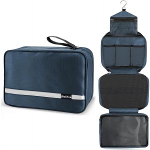 KALANKA-Trousse de Toilette,Pliable Grande Trousse de Toilette Voyage pour Homme et Femmes, Sac de Voyage Imperméable et Suspendu avec 4 Compartiments, Bleu Marine - Neuf