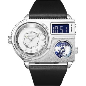 Eryi-Montre Homme A Quartz Montre Bracelet Cadran Grand -Afficahge Deux Fuseau Horaire - Bracelet En Acier Inoxydable Etanche - Neuf