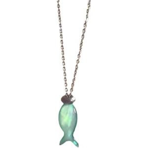 Kal-Collier Femme Bijoux Acier Inoxydable Avec Pendentif Poisson Vert - Chaine Argent Pour Toutes Occasions - Neuf