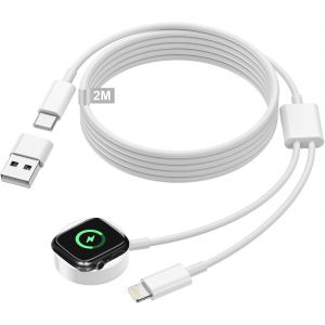 2 En 1 C&acirc;ble Chargeur Pour Iwatch Series 10 9 8 7 6 5 4 3 2 Se Ultra, 2m Chargeur Apple-Watch Usb C Chargeur Iwatch Apple Chargeur Montre Apple-Watch Avec C&acirc;ble Lightning Pour Iphone 14 13 12 11 Xs - Neuf