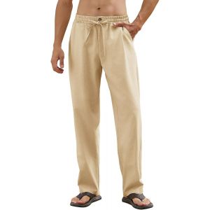 Pantalon Homme Lin Ete Pantalon Decontracte Leger Pantalons Taille Elastique Pantalon De Yoga Plage Confortable Respirant Pantalon Jambes Droites Avec Cordon De Serrage Et Poches - Neuf