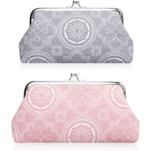 TIANYI-2 Packs Grand Porte-Monnaie Clic Clac Large Coin Purse Femme Portefeuille Vintage Bourse Pochette Toile (Rose + Gris) - Neuf