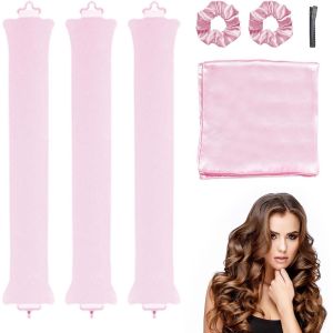 KAL-Pièces Bigoudis Cheveux, Fer À Friser Sans Chaleur Pour Tous Types De Cheveux, Bigoudis De Sommeil Doux Avec Bandeau,Pince À Cheveux, Foulard, Bricolage Outils De Coiffure (Rose) - Neuf