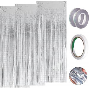 Cheng-3 Pièces Rideau De Frange Brillant, 1mx2m Argent Rideau De Frange Avec 2 Rouleaux De Ruban Argenté Et 1 Rouleau De Ruban Adhésif Double Face, Rideau Shimmer Pour Les Mariages, Les Remises De Di - Neuf