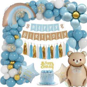 TRAHOO-Kit Décoration Anniversaire Garçon avec Géant Ballons Ours, Bleu Ballon pour 1 à 9 Ans, Décoration Baptême - Neuf