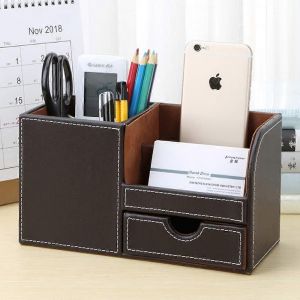 Bureau organisateur système d'organisation 4 compartiment de rangement en cuir PU boîte à stylos porte-stylo bureau - Neuf