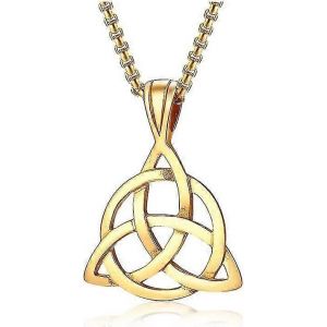 Acier Inoxydable Irlandais Celtique Triquetra Triangle Trinity Noeud Pendentif Colliers Pour Hommes 24"" Rolo Chaîne Plaqué Or - Neuf