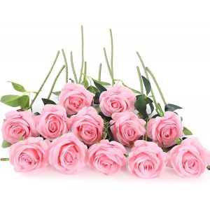 TRAHOO-12 Pièces Roses Artificielles Rose, Longues Tiges Fausse Roses Fleur de Soie pour Bouquet de Mariée, Décoration de Fête à la Maison, Hôtel, Jardin (Rose) - Neuf