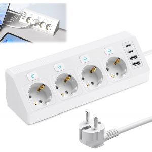 Multiprise avec 2 ports USB et 2 Type-C, 4 prises d'angle avec interrupteurs, protection contre les surtensions, c&acirc;ble de 2 m, pour cuisine, bureau et bureau - Neuf