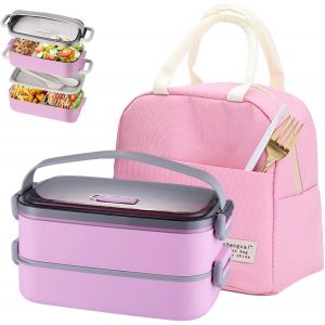 Mevronisshop-Bento Lunch Box Kit, 1600ml 2 Etages Boite Repas Avec Sac Isotherme Repas, Hermétique Boîtes Bento Pour Pique Nique, Travail, Goûter, Ecole, Boîte À Lunch Micro Ondable(Rose) - Neuf