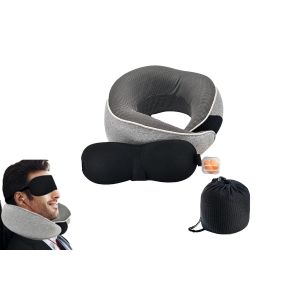 Oreiller de voyage en mousse &agrave; m&eacute;moire de forme pour la nuque, avec masque pour les yeux, bouchons d'oreilles et sac de transport - Neuf