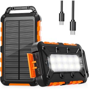 JGD-Chargeur Solaire 26800mAh, PD15W Batterie Externe Solaire Power Bank Portable USB C 3A Charge Rapide avec 3 Ports, C&acirc;bles et Lampe pour Smartphone, Tablette, Camping et Plus (Orange) - Neuf