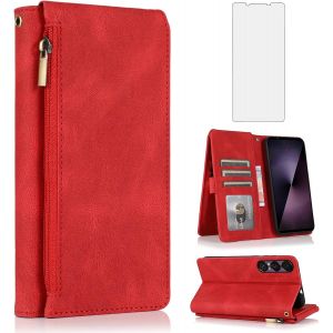 acdsgd-tui portefeuille en cuir tremp&eacute; compatible avec Sony Xperia 1 VII 5G 2025 avec protection d'&eacute;cran en verre tremp&eacute; et fermeture &eacute;clair r&eacute;tro avec porte-cartes et accessoires pour 1VII XQ-FS54 - Neuf