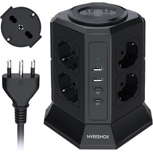 Bloc multiprise avec 8 prises universelles Schuko (4000 W 10/16 A) et 2 USB-C (20 W PD3.0) et 2 USB-A, IT Multiprise verticale avec interrupteur avec interrupteur, câble 2 M (Noir) - Neuf