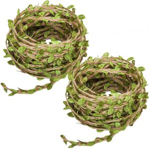 Checarzhn--No1-2 Rouleaux Corde De Jute Avec Feuille, Ruban Décoration De Feuilles Vertes Artificielles,Feuillage Rotin Décoratif De Toile De Jute,Pour Mariage Fête Maison Jardin Décoration Guirlande - Neuf
