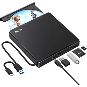 Lecteur CD DVD Externe USB 3.0 Type-C Lecteur CD Externe avec 2 USB et Fente SD/TF, Portable Lecteur Graveur CD DVD Externe pour PC Mac MacBook Pro Air Windows 11/10 Apple iMac Laptop - Neuf