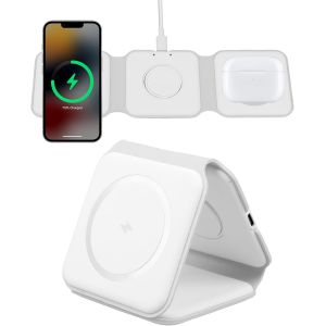 KALANKA-Chargeur Induction sans Fil 3 en 1 Pliable, Station de Recharge sans Fil 15W Compatible avec iPhone 17/16/15/14/13/12/11 Pro Max Plus, Watch Ultra 10/9/8/7/6/SE, Earbuds Pro 4/3/2 avec C&acirc;ble - Neuf
