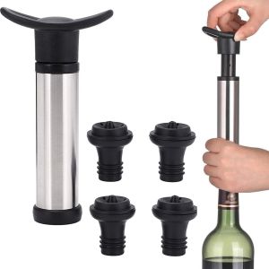 Checarzhn--No1-Bouchon De Bouteille De Vin Pompe À Vide En Acier Inoxydable 2 In1 Verseur De Vin Avec Bouchon De Bouteille Pompe À Vide À Vin Avec 4 Bouchons De Conservation De Vin Accessoires De Vin - Neuf