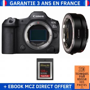 Canon EOS R5 Mark II + EF-EOS R + 1 SanDisk 128GB Extreme PRO CFexpress Type B + Ebook '20 Techniques pour Réussir vos Photos' - Appareil Photo Hybride Canon - Neuf