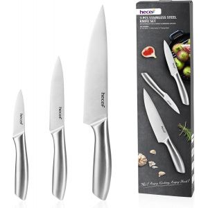 Set De Couteaux De Cuisine Professionnels, Lot De 3 Couteaux (20cm Chef, 13cm Universel, 9cm Office) En Acier Inoxydable Avec Protection De Lame, Poign&eacute;e Creuse, Facile &Agrave; Nettoyer, Argent - Neuf