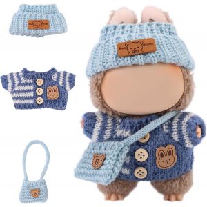 3pcs Ensemble de Vêtements de Poupée, Mignon Chapeaux en Laine Bleue Pull Rayé & Sac Croisé Élégant Tenue Déguisement pour Jouet pour Accessoires Poupée Peluche 17cm - Neuf