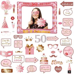 Sjzg-Photobooth 50 Ans,34pcs Kit Photobooth Anniversaire,Rose Or Photobooth Anniversaire,Rose Or Photobooth Anniversaire Avec Cadre Photo 50 Ans,Photobooth Props Accessoires De Selfie D&eacute;coration - Neuf