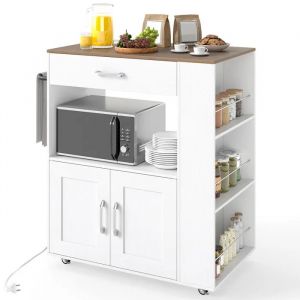 Desserte de Cuisine avec Station de Recharge COSTWAY, Roues Verrouillables, Portes, Tiroir, Porte-&Eacute;pices Porte-Serviettes, Blanc - Neuf