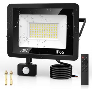 Sansh-50w Projecteur Exterieur Detecteur De Mouvement, 6500k Blanc Froid 72 Leds Super Lumineux Spot Avec Télécommande, 4500 Lm Ip66 Etanche Eclairage Exterieur Pour Jardin, Patio, Garage - Neuf