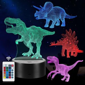 Veilleuse De Dinosaure, Cadeaux De Lampe De Dinosaure 3d Avec 16 Changements De Couleur Et Télécommande, Cadeaux Pour Enfants De 3 4 5 6 Ans Et Plus, Lampe De Chevet (4 Pcs) - Neuf