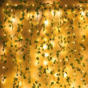Guirlande Lumineuse Solaire Extérieure, 192 Led Rideau Lumineux Lierre Artificiel Solaire Guinguette Lumiere 8 Modes Étanche Pour Jardin Terrasse Balcon Patio Noël Mariage Fête, Blanc Chaud - Neuf