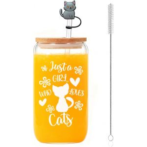 Kalanka-Cadeaux Pour Les Amoureux Des Chats Pour Femmes Et Hommes, &Eacute;l&eacute;gants Verres Avec Motifs De Chats, Tasse De 473 Ml Avec Couvercle, Tasse &Agrave; Emporter Transparente Avec Paille En Verre, Brosse &Agrave; P - Neuf