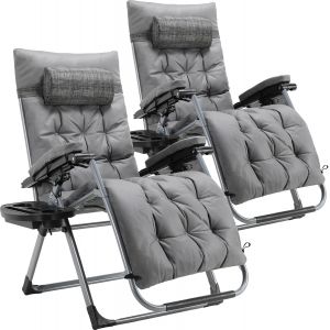 Ulteronixshop-Lot De 2 Chaises Longues De Jardin Pliables Avec Coussin Imperm&eacute;able - Appuie-T&ecirc;te Amovible - Porte-Gobelet - Chaise Longue Pliante Pour Balcon - Gris - Neuf